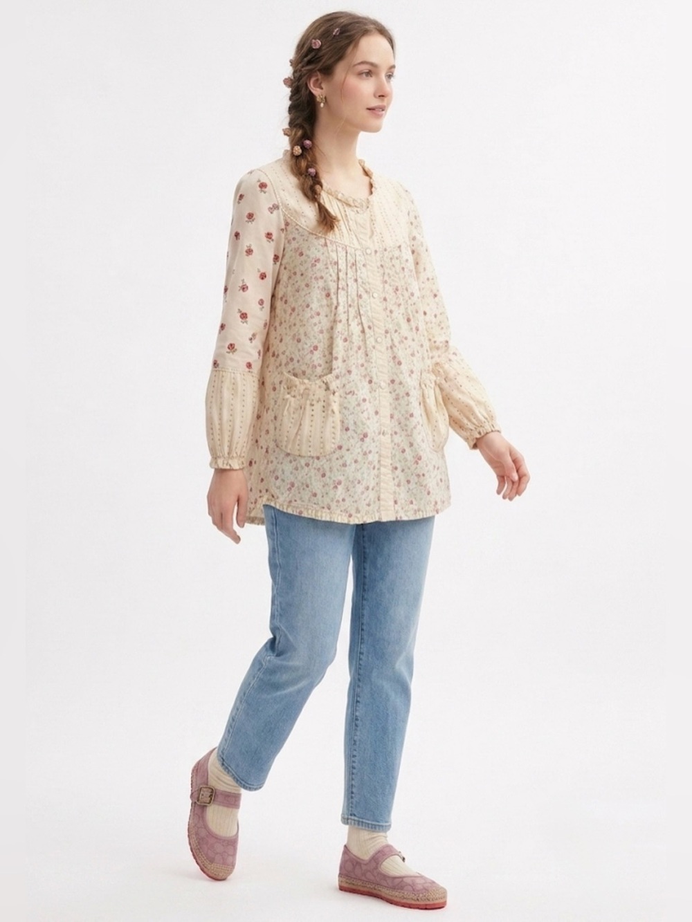 Vintage Floral Cottagecore Mixed Print Button Down Blouse Cream Pink S M